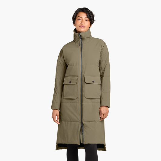 Women's Sashiko Insulated Long Jacket - Truffle - Model Front